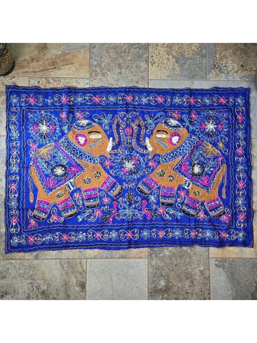 Handmade Embroidered Elephant Tablecloth/Wall Hanging Sequins Folk Art India